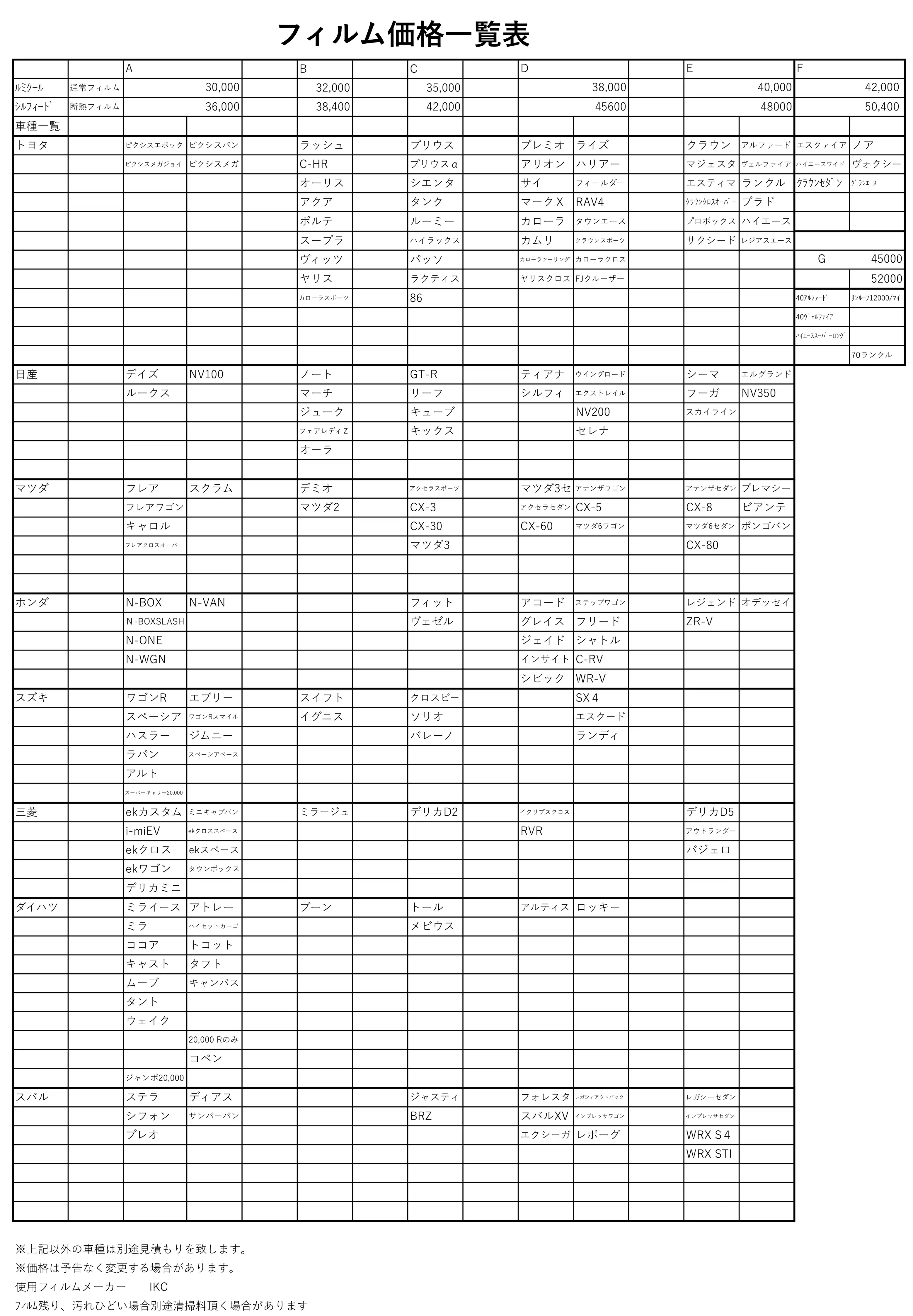 国産車フィルム価格一覧表